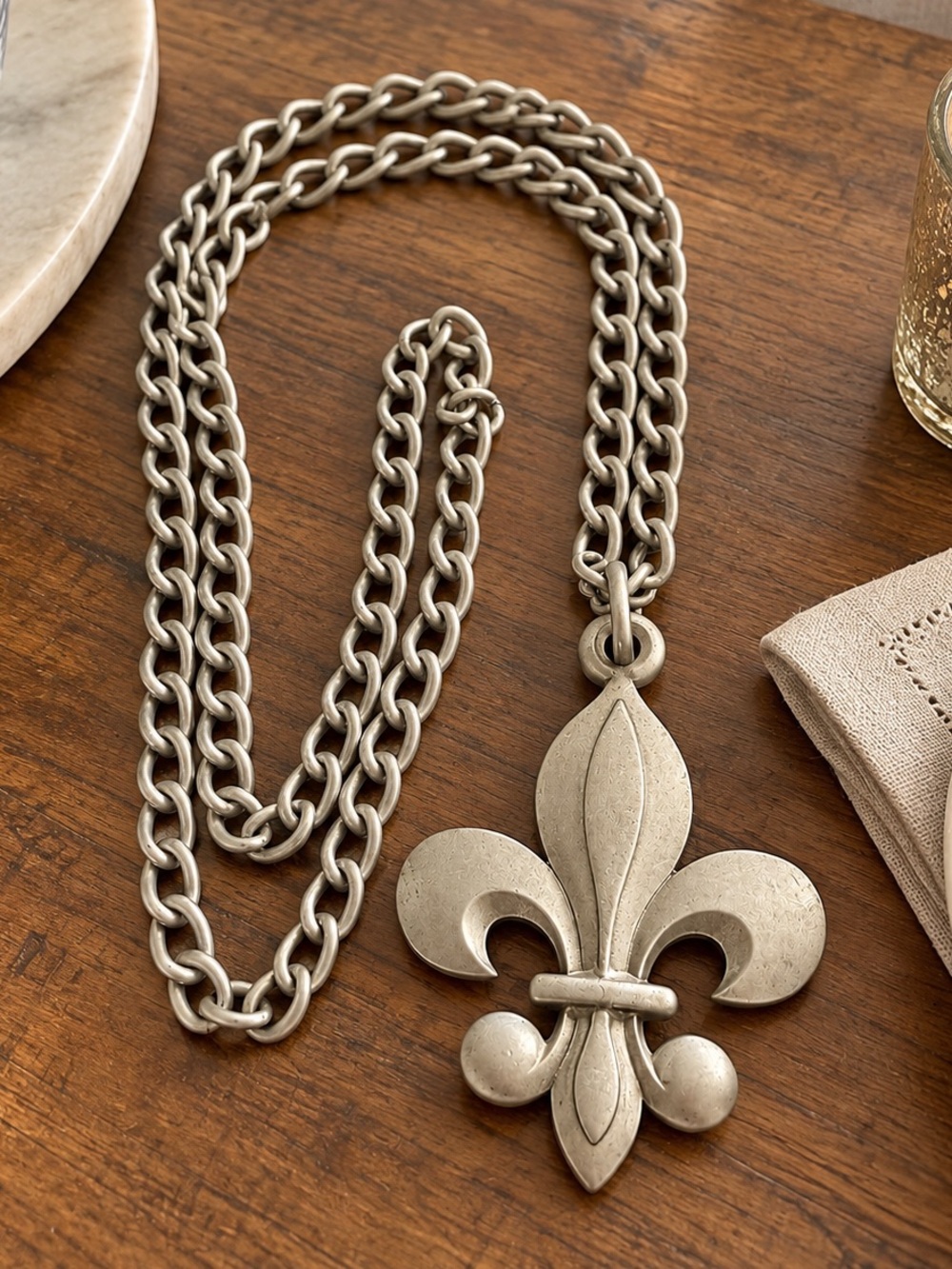 Pewter Fleur de Lis Pendant Necklace Artisan Made
